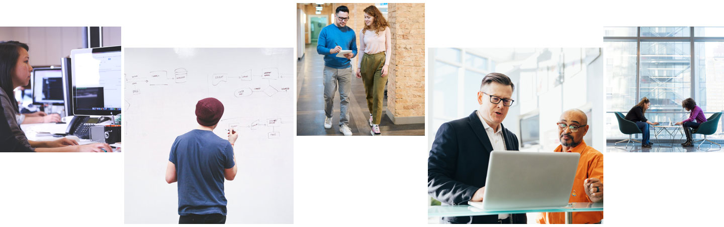 Collage of images showing office employees collaborating, walking, working at computers, using a whiteboard, having a discussion in front of a laptop.